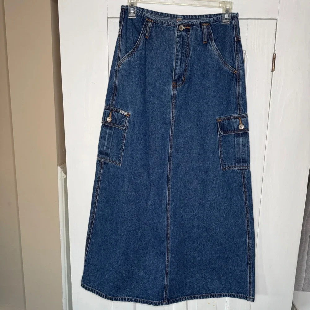 RVT Cargo Maxi Skirt Blue Denim Jean Vintage 5/6 A Line Pockets Y2K Style - Picture 1 of 6